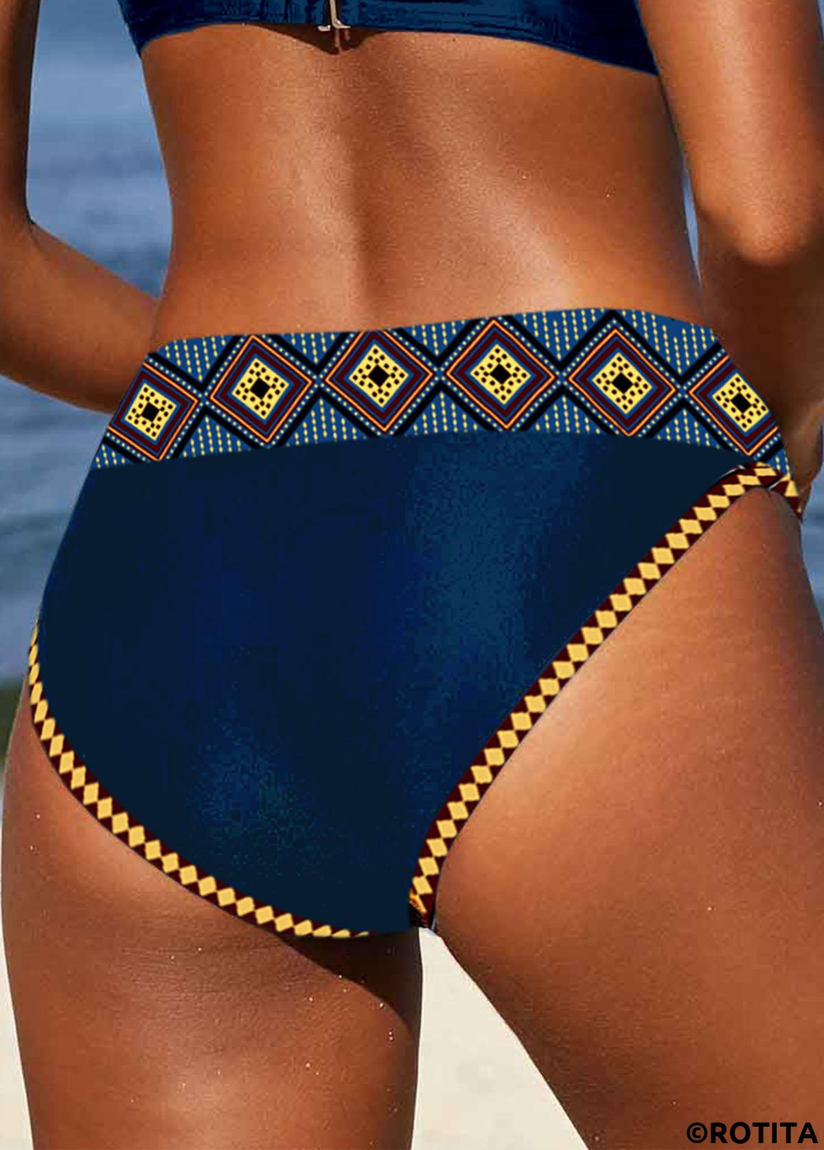 Peacock Blue swimwear,Tribal swimwear,Geometric swimwear,Striped swimwear,ROTITA Peacock Blue Tribal Print Mid Waisted Bikini Bottom