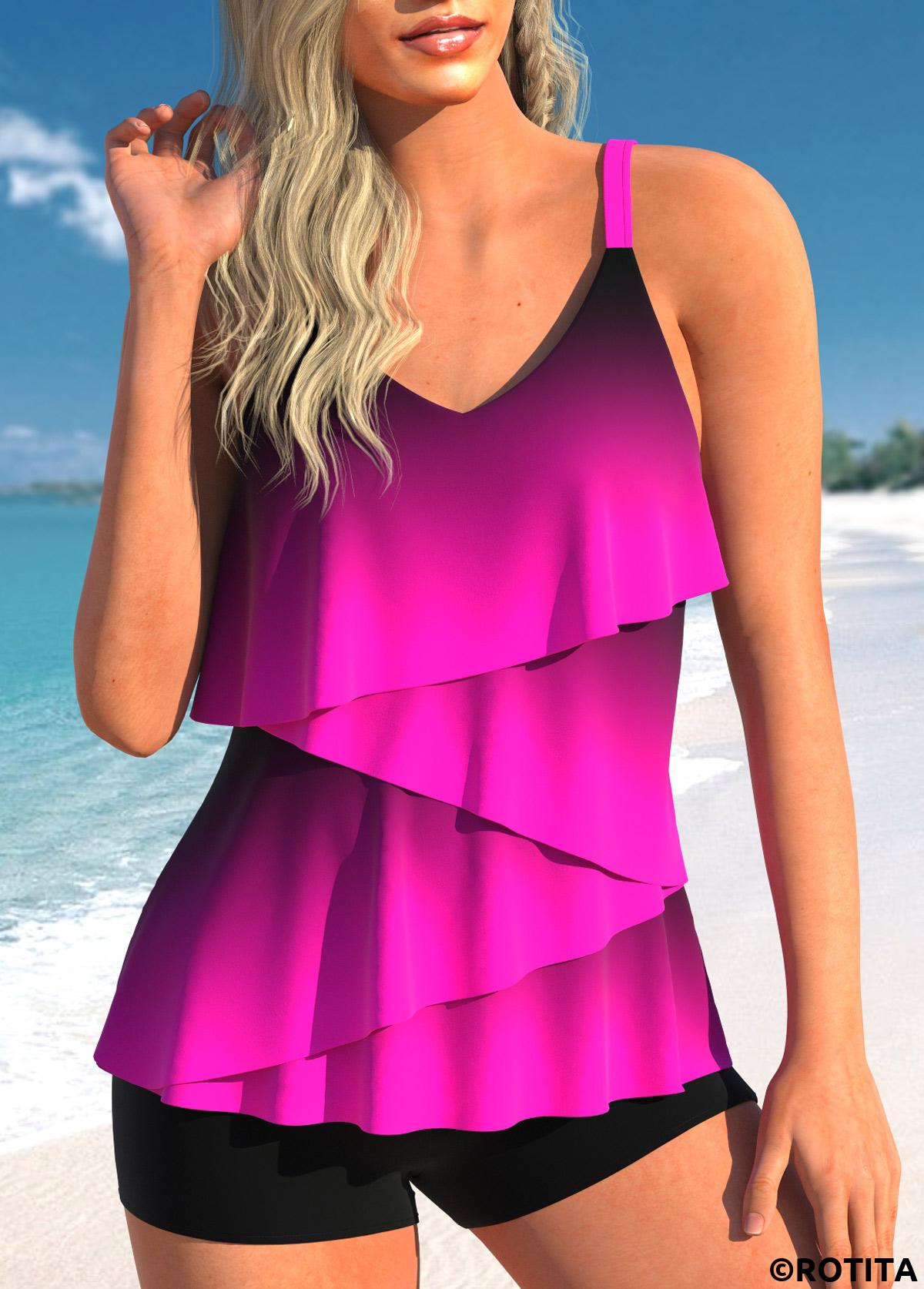 Neon Rose Red swimwear,Ombre swimwear,ROTITA Asymmetry Neon Rose Red Ombre Tankini Top