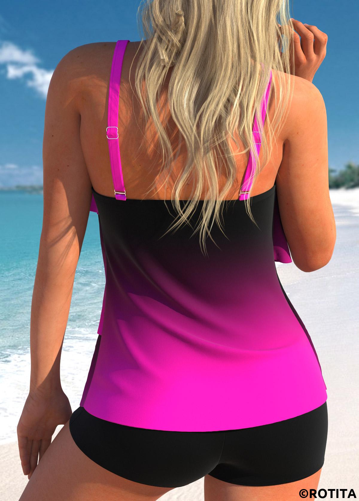 Neon Rose Red swimwear,Ombre swimwear,ROTITA Asymmetry Neon Rose Red Ombre Tankini Top