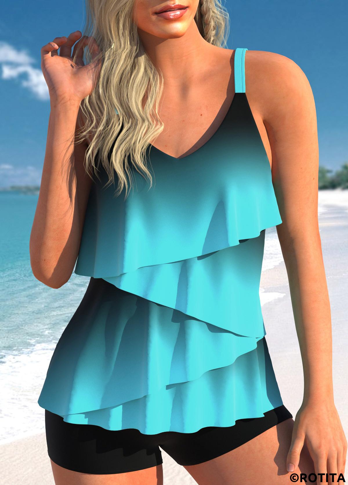 Cyan swimwear,Ombre swimwear,ROTITA Layered Hem Cyan Ombre Tankini Top