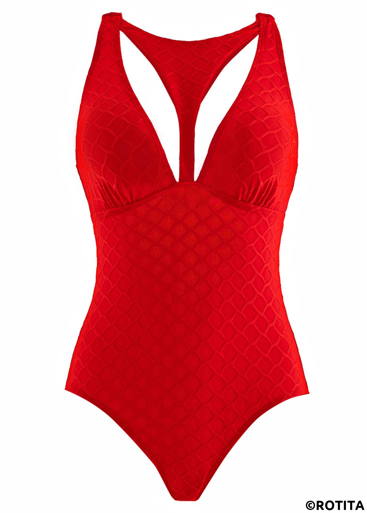 Red swimwear,Plain Color swimwear,ROTITA Red Cut Out One Piece Swimwear