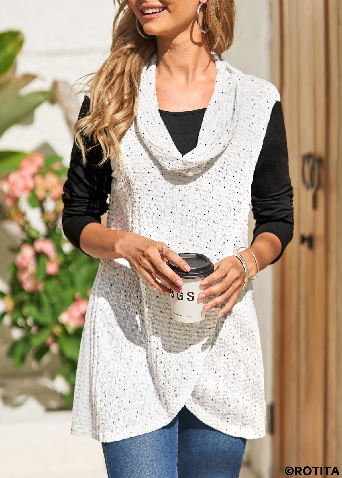 White tops,Contrast Color tops,ROTITA Fake 2in1 White Cowl Neck Long Sleeve Sweatshirt