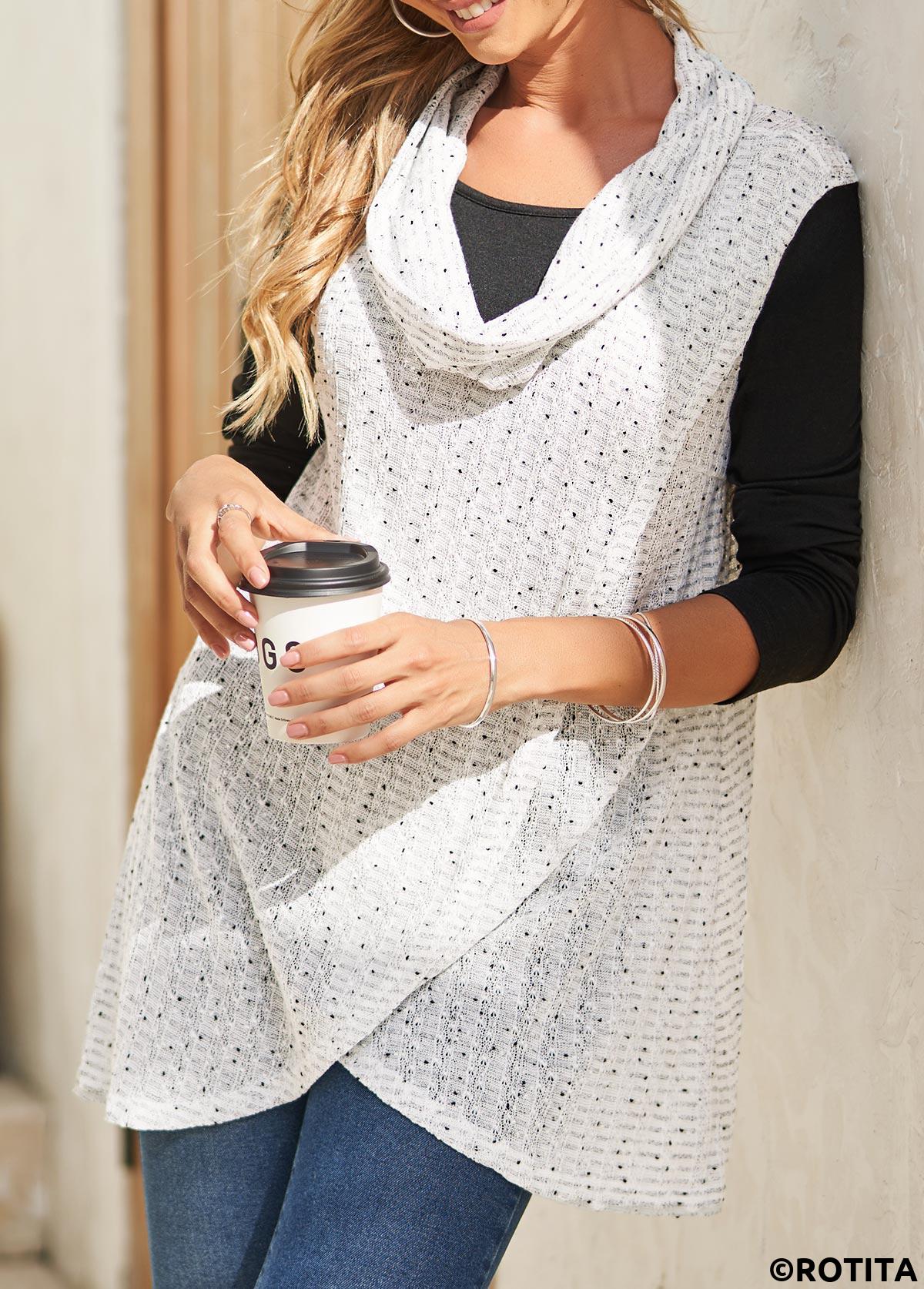White tops,Contrast Color tops,ROTITA Fake 2in1 White Cowl Neck Long Sleeve Sweatshirt