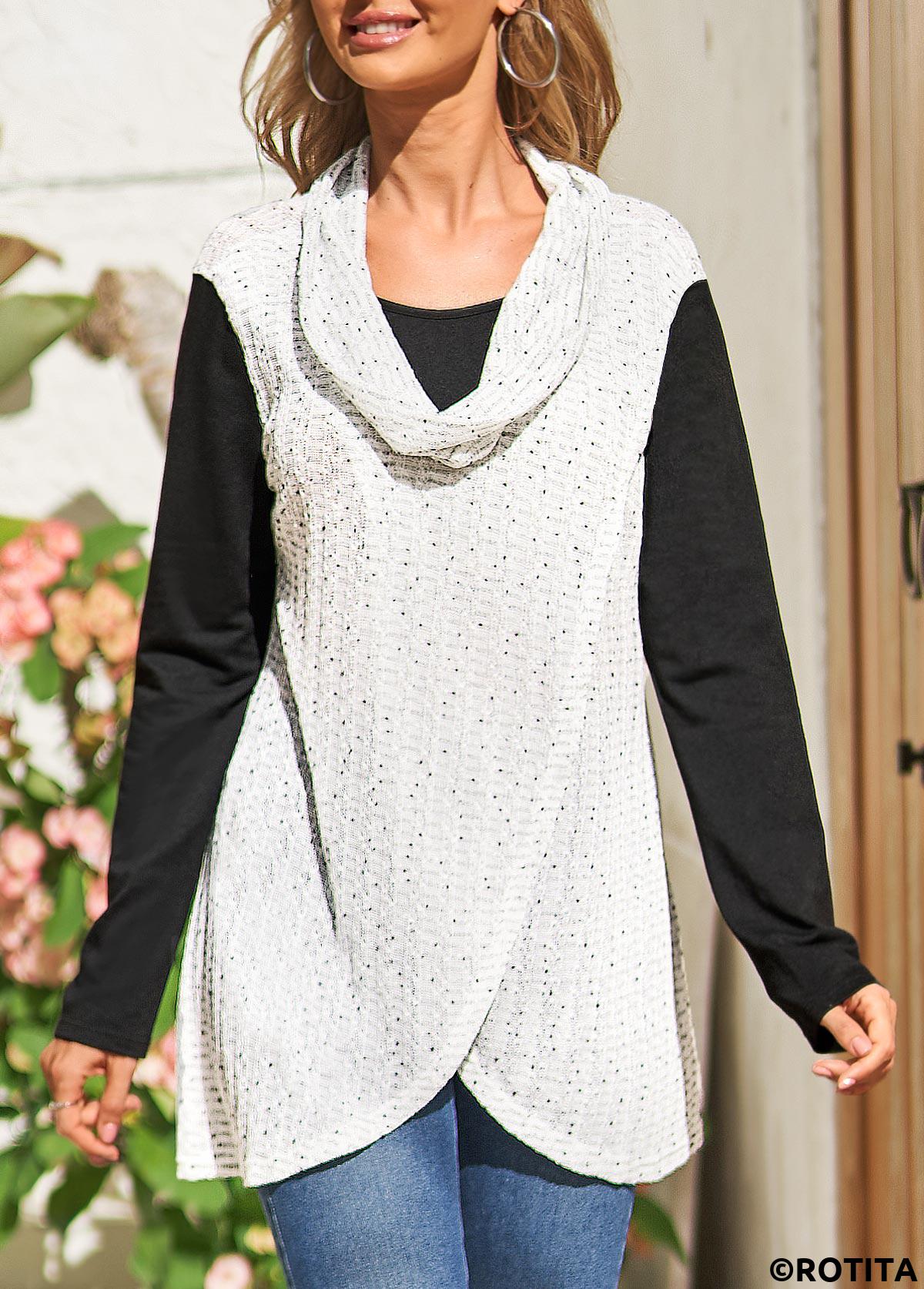 White tops,Contrast Color tops,ROTITA Fake 2in1 White Cowl Neck Long Sleeve Sweatshirt