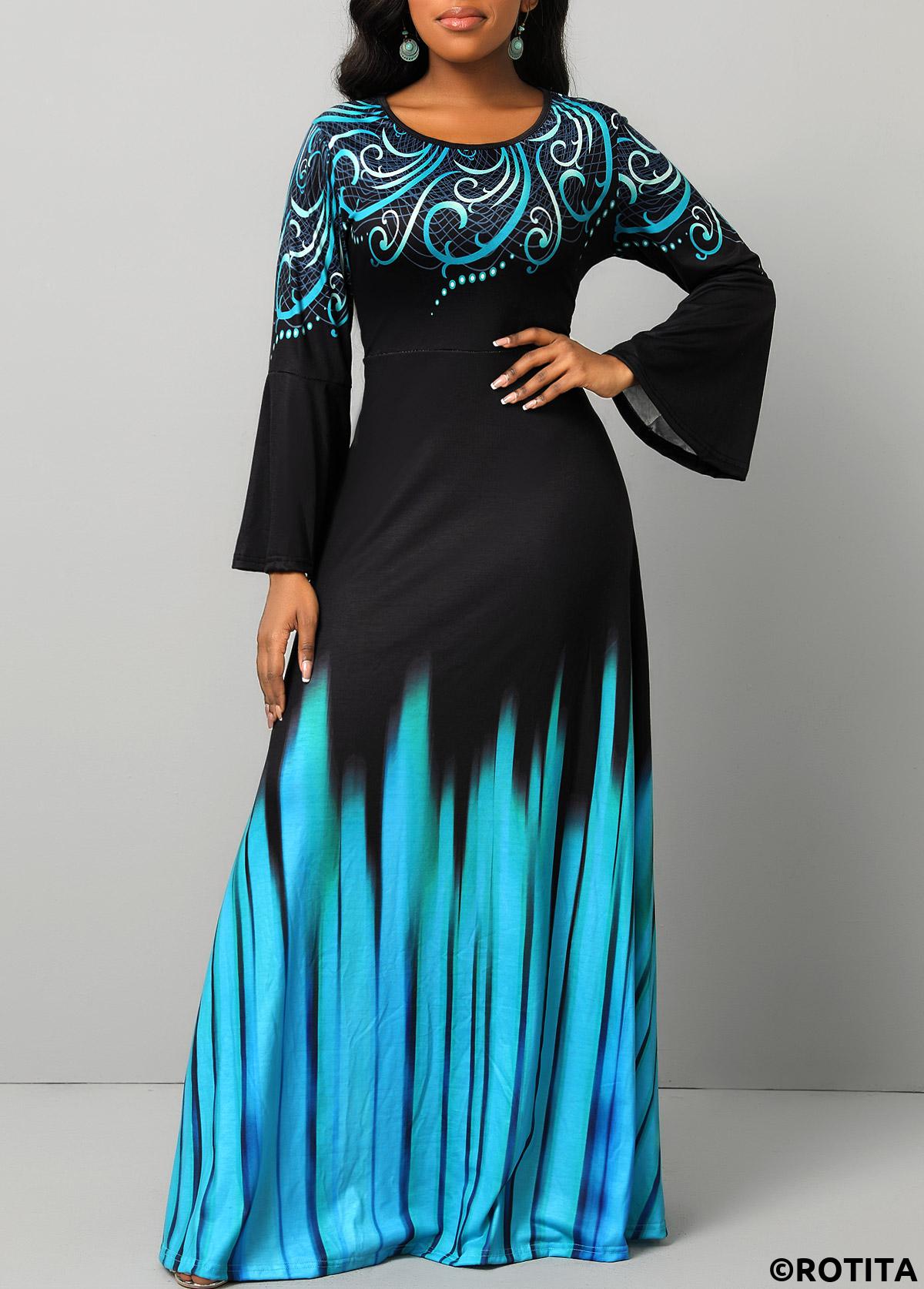 ROTITA Breathable Tribal Print Blue Round Neck Maxi Dress