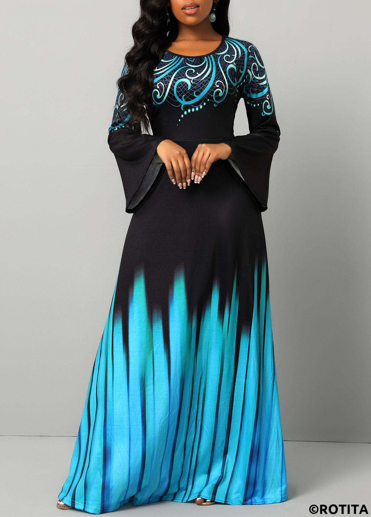 ROTITA Breathable Tribal Print Blue Round Neck Maxi Dress