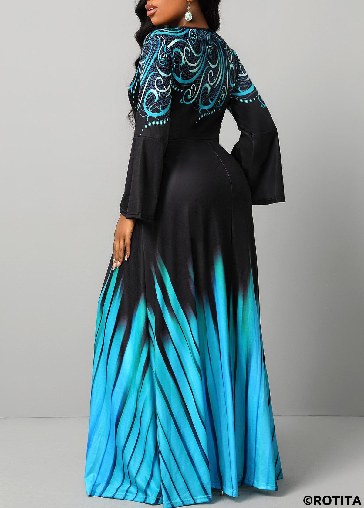 ROTITA Breathable Tribal Print Blue Round Neck Maxi Dress