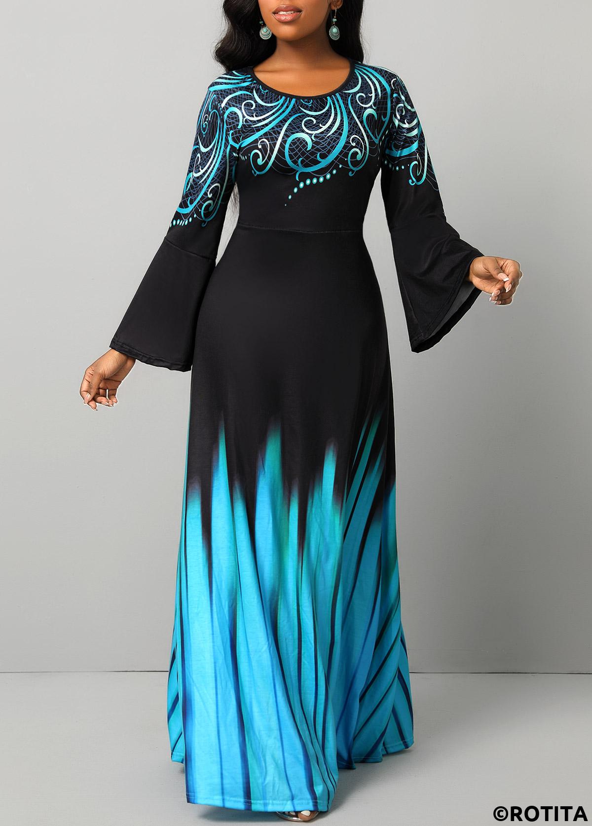 ROTITA Breathable Tribal Print Blue Round Neck Maxi Dress