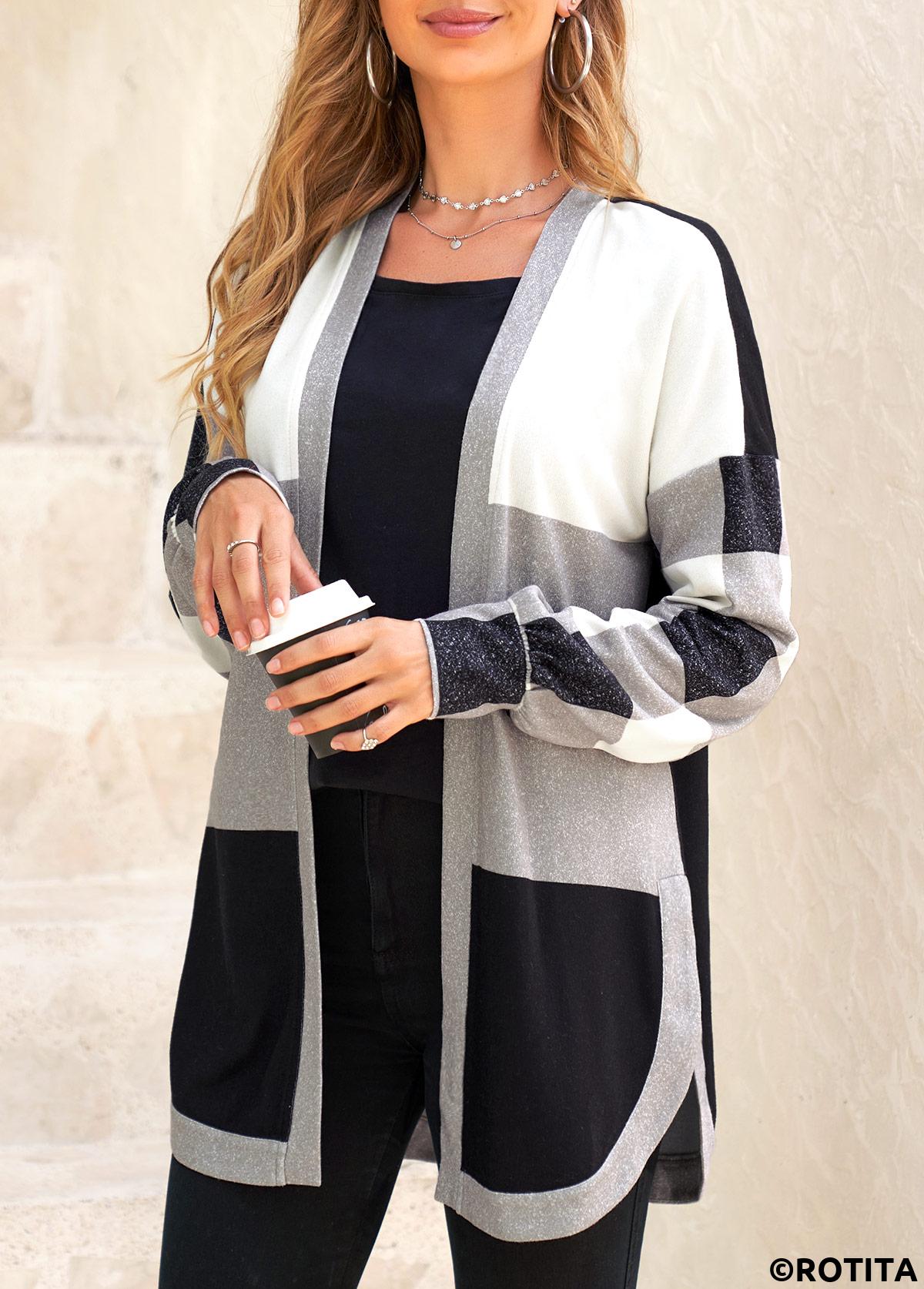Black tops,Plaid tops,Geometric tops,ROTITA Split Plaid Black Long Sleeve Coat