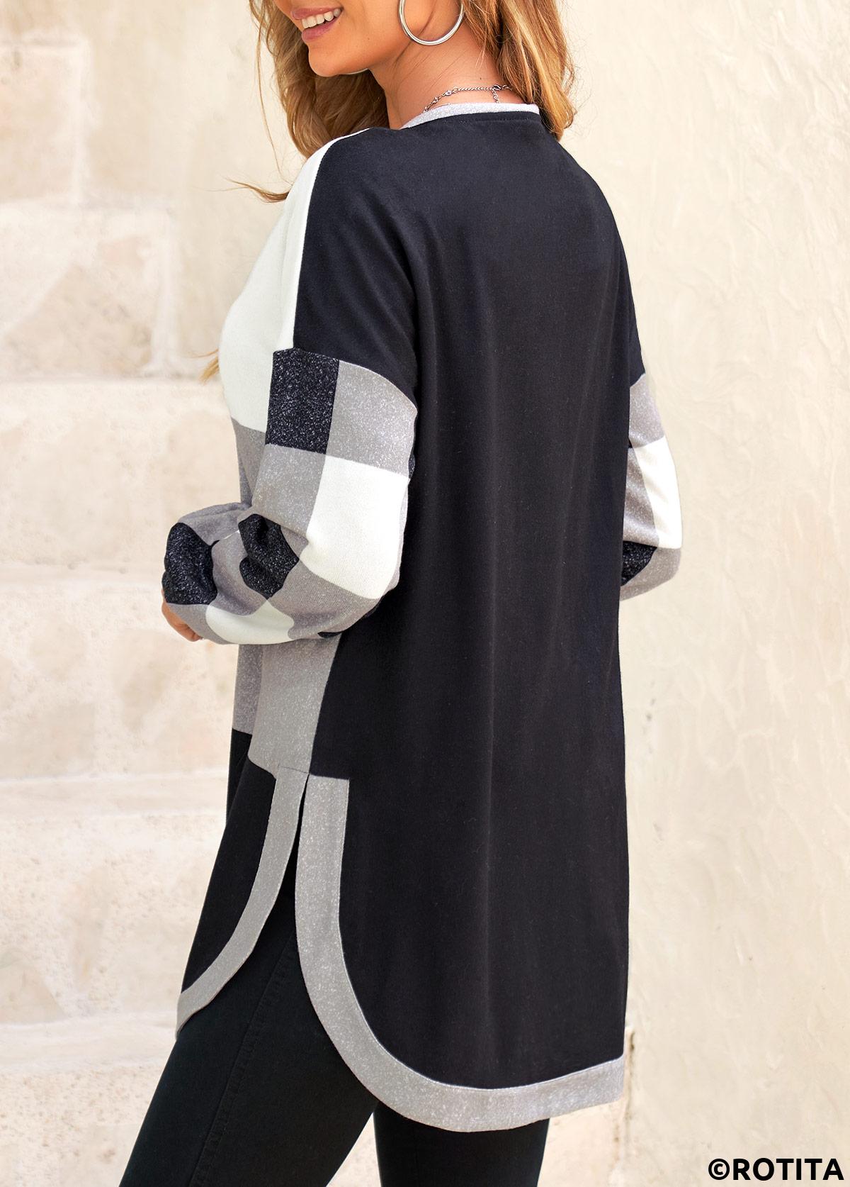 Black tops,Plaid tops,Geometric tops,ROTITA Split Plaid Black Long Sleeve Coat
