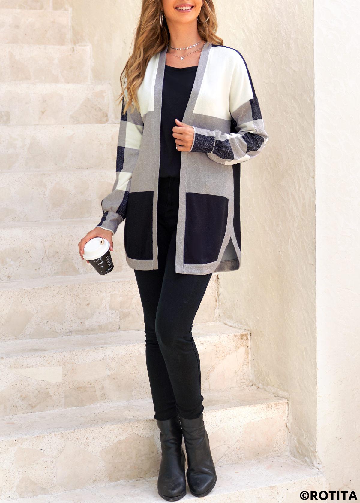 Black tops,Plaid tops,Geometric tops,ROTITA Split Plaid Black Long Sleeve Coat
