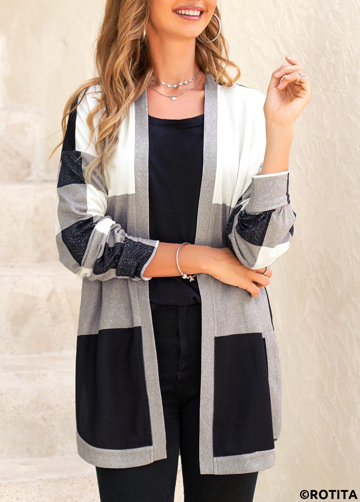 Black tops,Plaid tops,Geometric tops,ROTITA Split Plaid Black Long Sleeve Coat