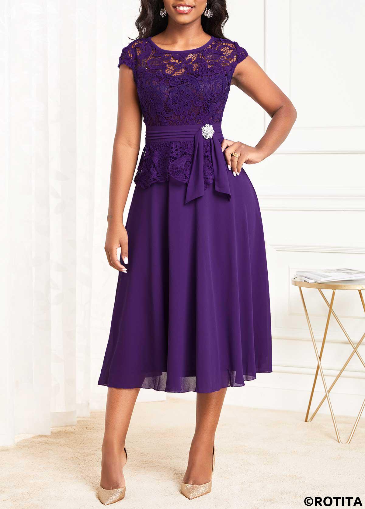 Purple dresses,Plain Color dresses,Party dresses,Elegant dresses,ROTITA Lace Purple Round Neck Cap Sleeve Dress