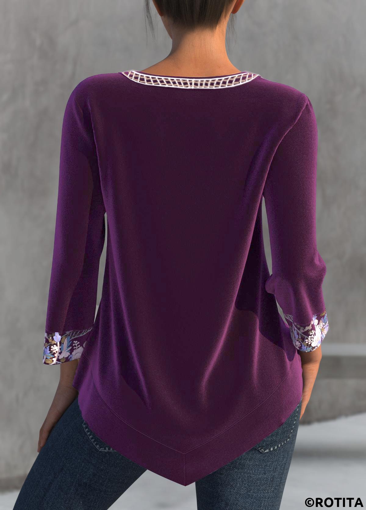 Purple tops,Tribal tops,Floral tops,Striped tops,ROTITA Split Tribal Print Purple 3/4 Sleeve Blouse