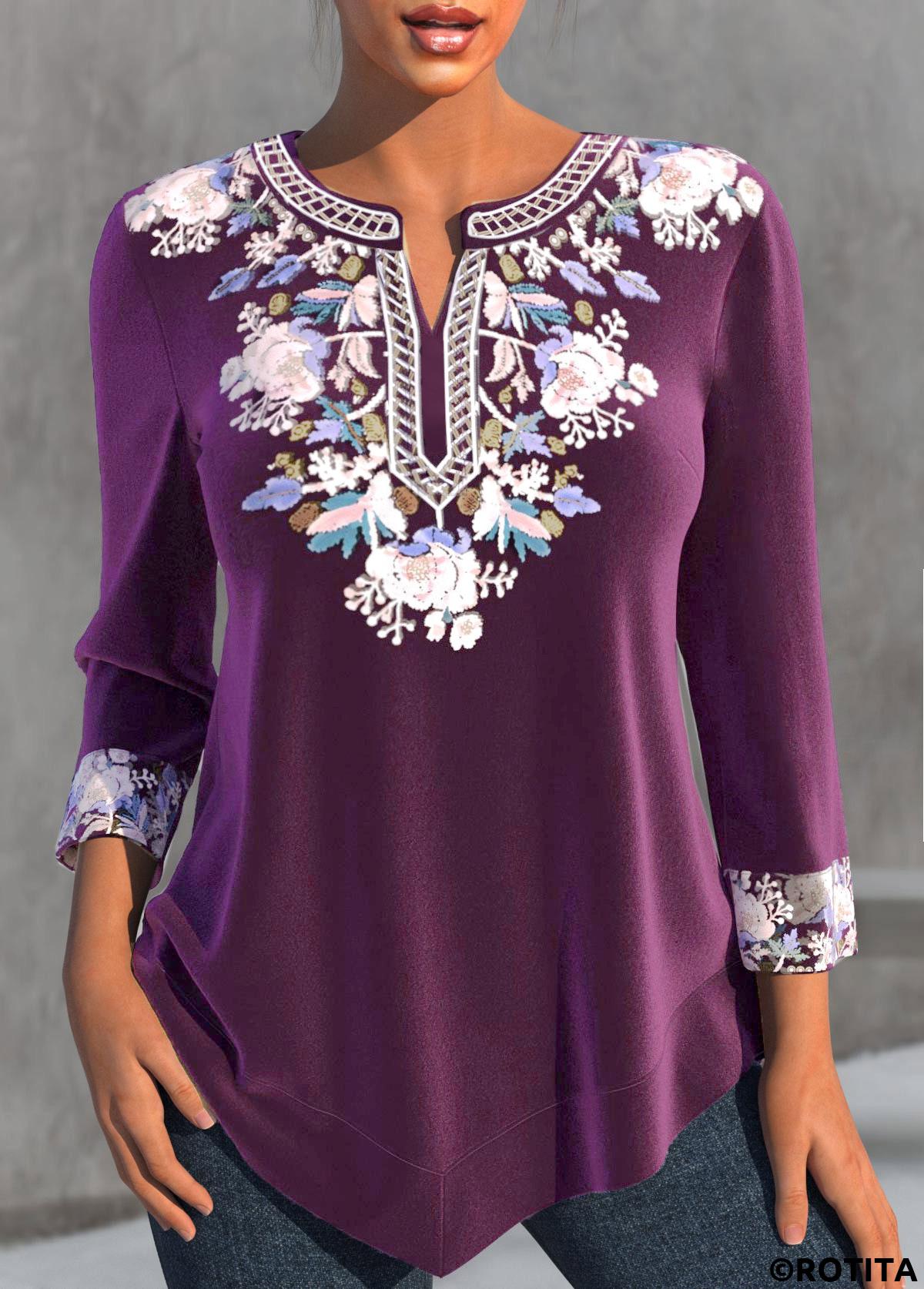 Purple tops,Tribal tops,Floral tops,Striped tops,ROTITA Split Tribal Print Purple 3/4 Sleeve Blouse