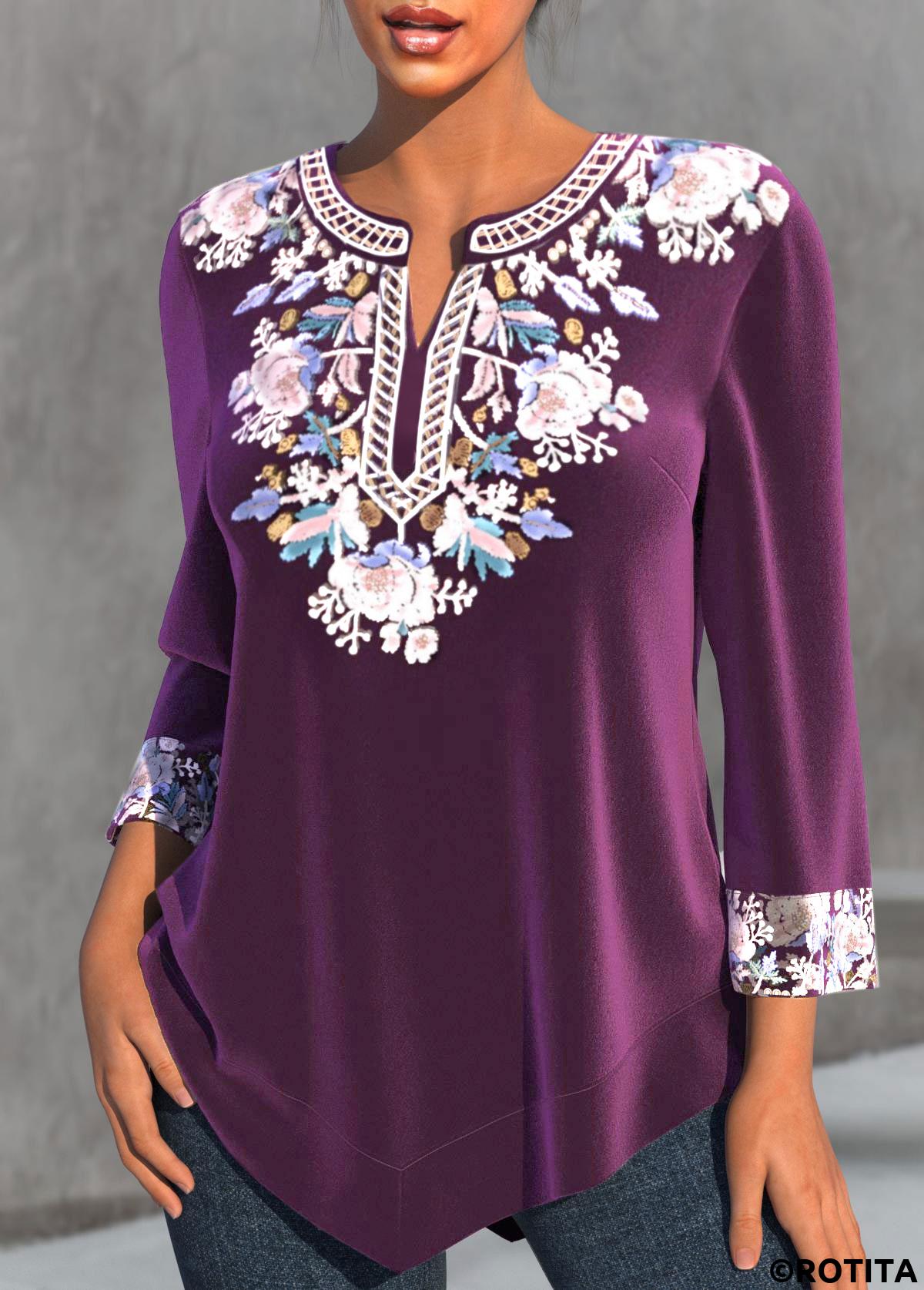 Purple tops,Tribal tops,Floral tops,Striped tops,ROTITA Split Tribal Print Purple 3/4 Sleeve Blouse
