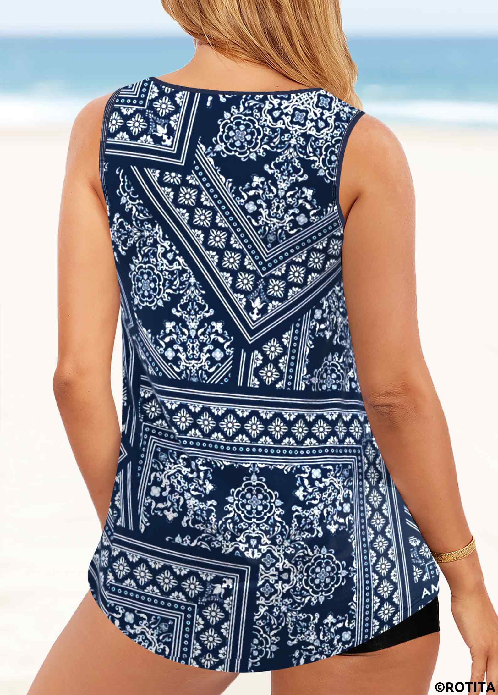 Navy swimwear,Tribal swimwear,Geometric swimwear,Striped swimwear,ROTITA Metal Ring Navy Patchwork Tankini Top