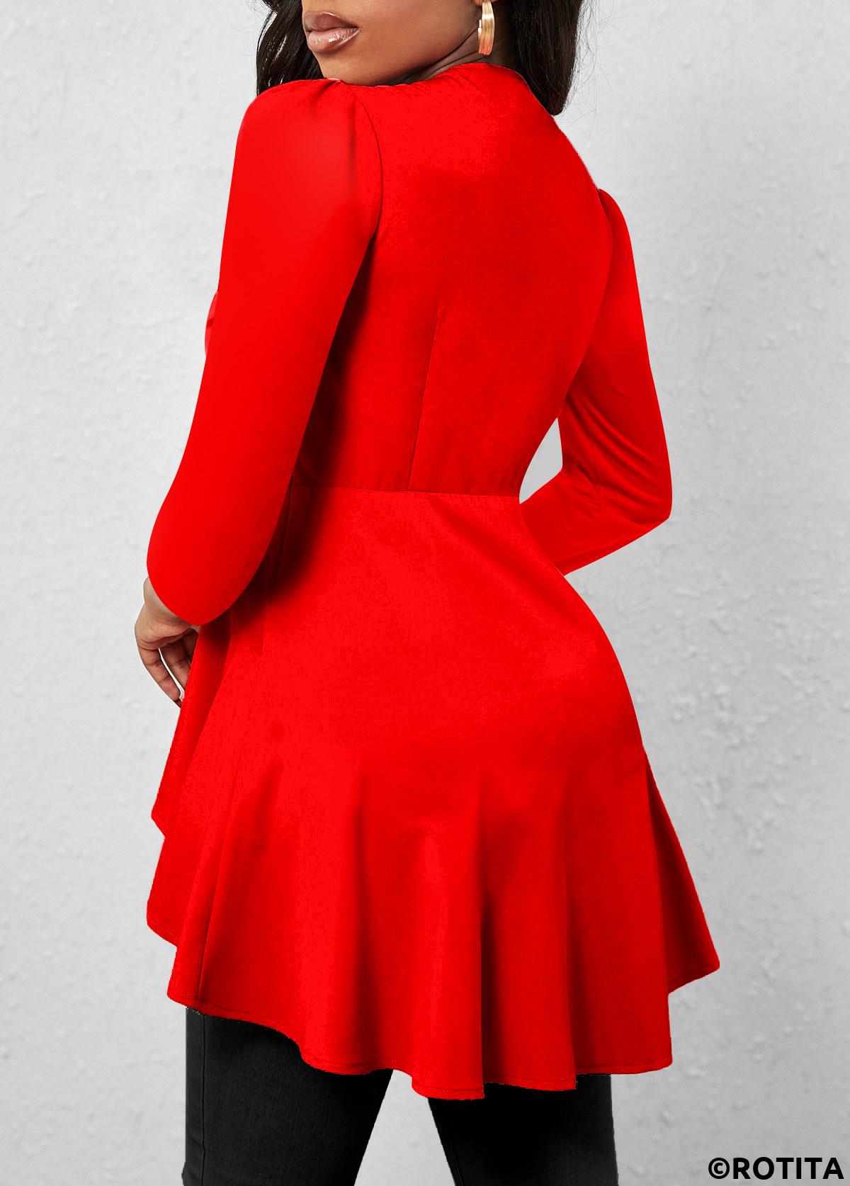 ROTITA Twist Red V Neck Long Sleeve T Shirt