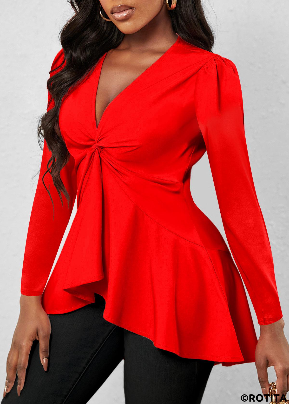 ROTITA Twist Red V Neck Long Sleeve T Shirt