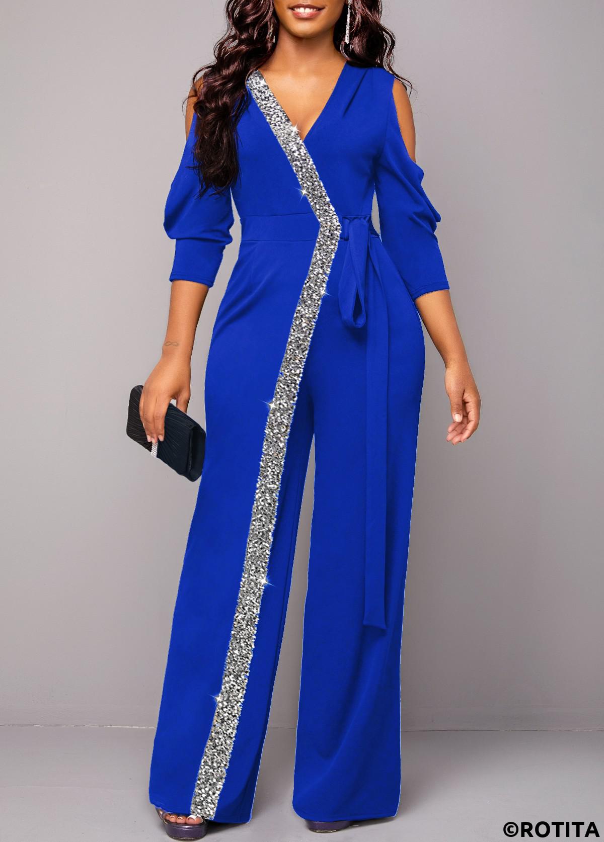 Royal Blue jumpsuits&rompers,Plain Color jumpsuits&rompers,ROTITA Sequin Royal Blue V Neck Jumpsuit