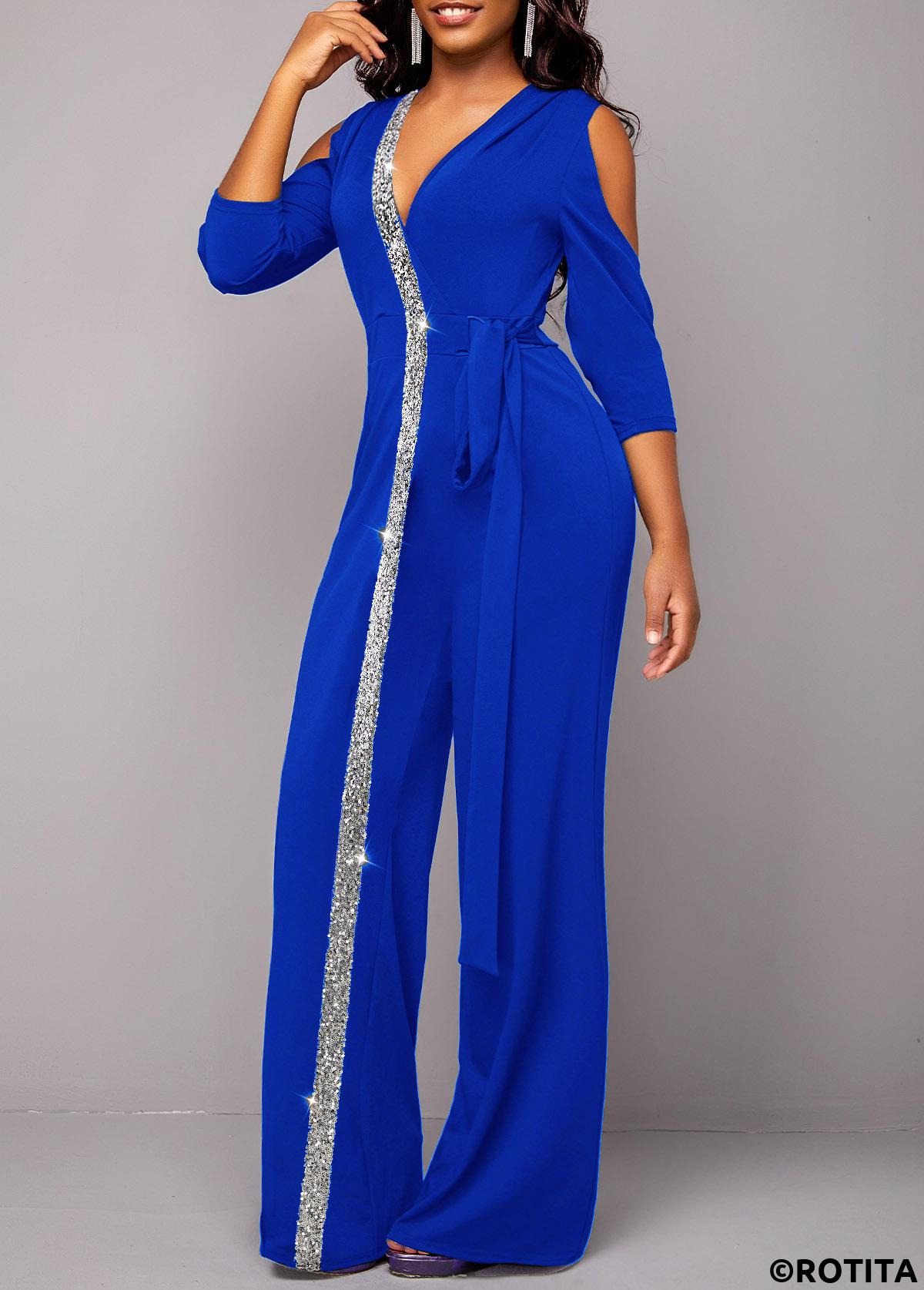 Royal Blue jumpsuits&rompers,Plain Color jumpsuits&rompers,ROTITA Sequin Royal Blue V Neck Jumpsuit