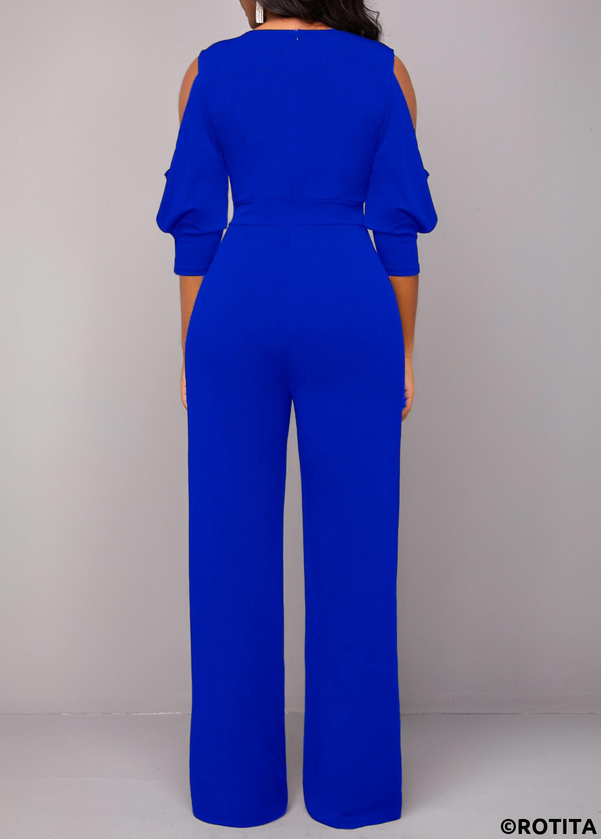 Royal Blue jumpsuits&rompers,Plain Color jumpsuits&rompers,ROTITA Sequin Royal Blue V Neck Jumpsuit