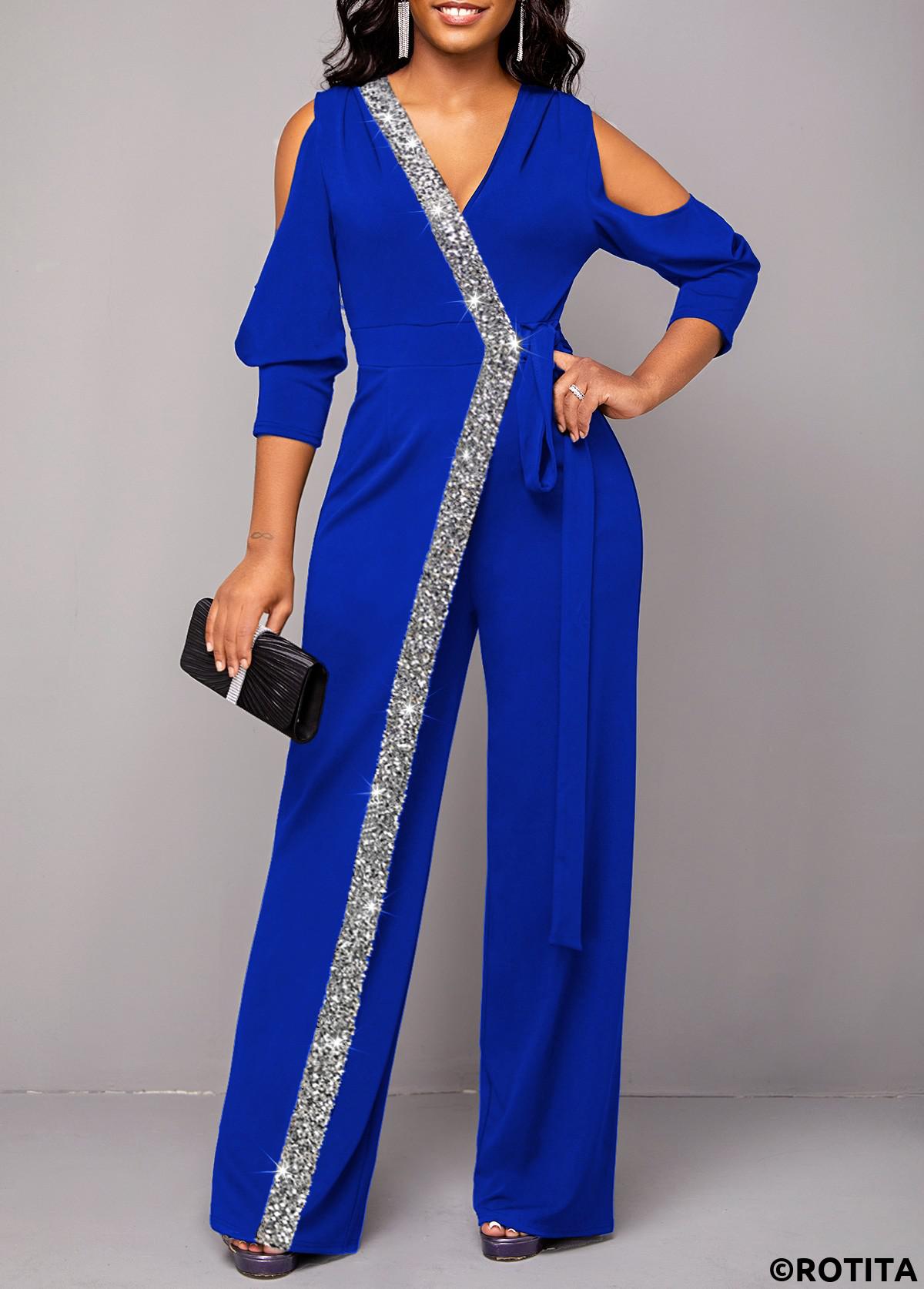Royal Blue jumpsuits&rompers,Plain Color jumpsuits&rompers,ROTITA Sequin Royal Blue V Neck Jumpsuit