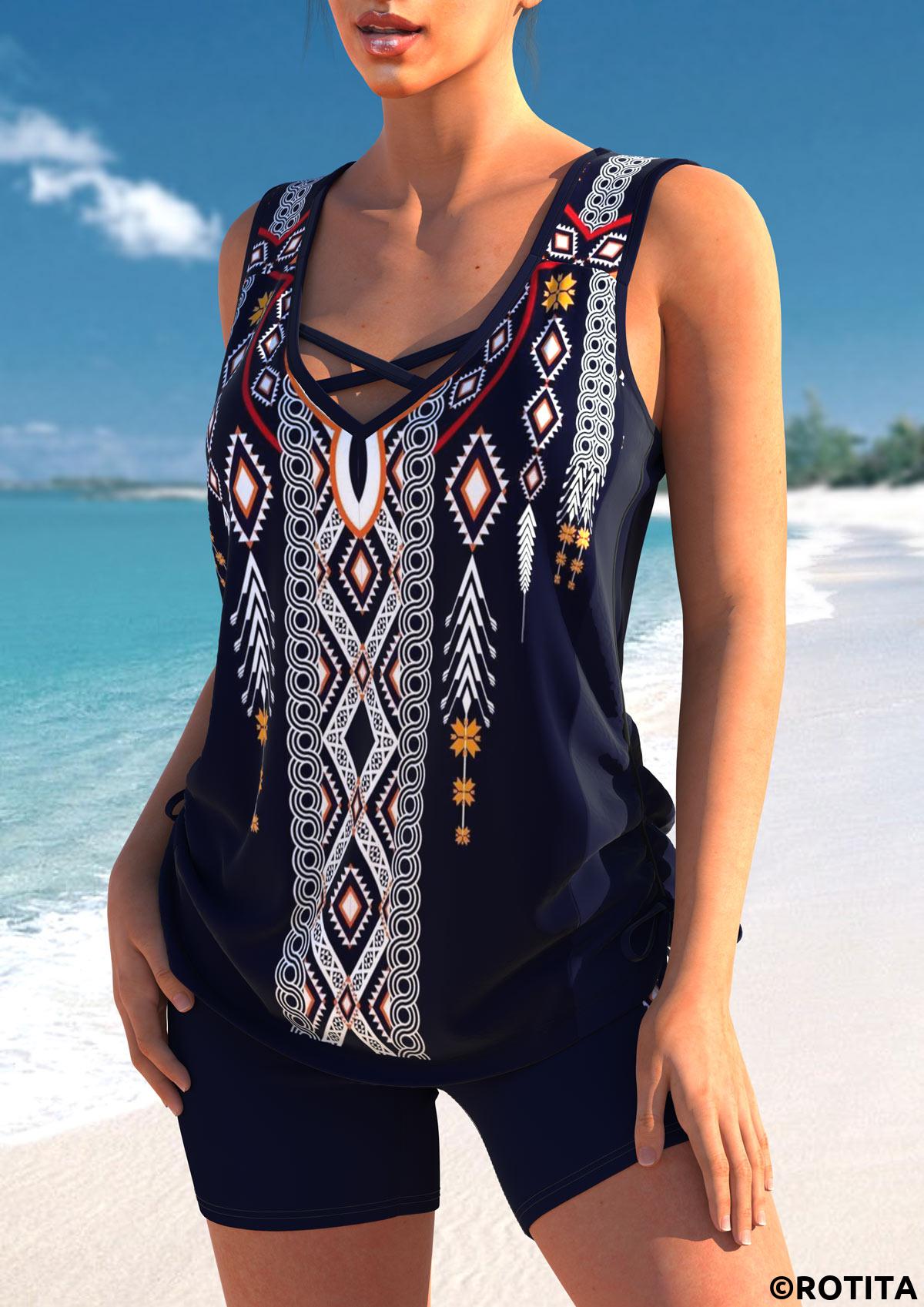 Navy swimwear,Tribal swimwear,Geometric swimwear,ROTITA Criss Cross Navy Tribal Print Tankini Top