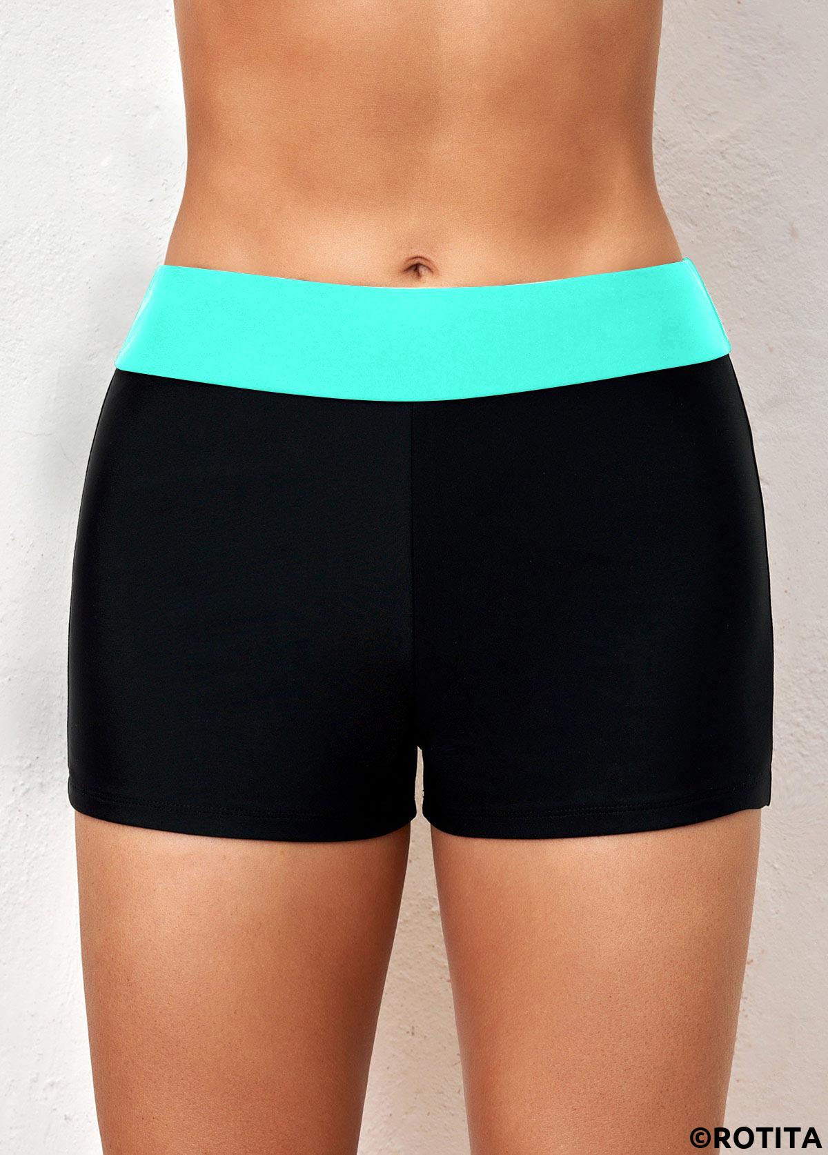 Cyan swimwear,Black swimwear,Contrast Color swimwear,ROTITA Mid Waisted Contrast Cyan Swim Shorts