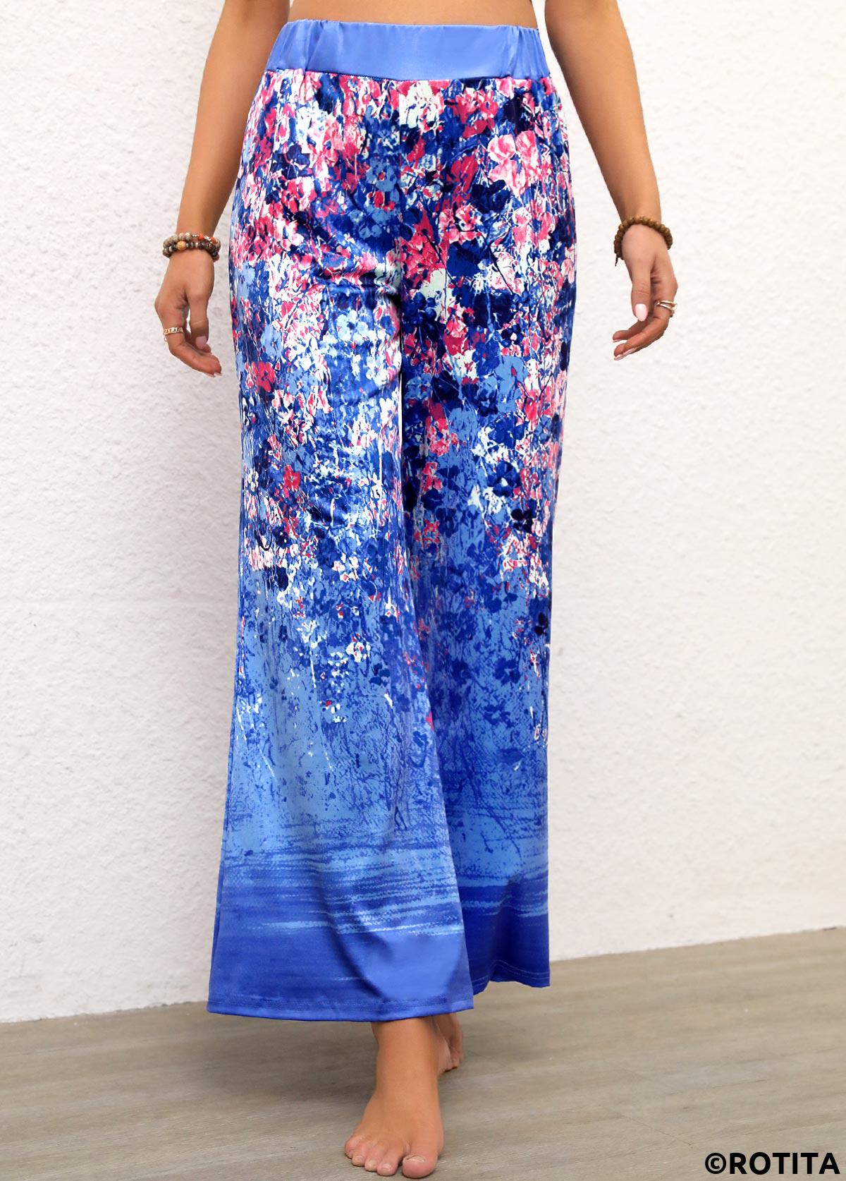 Blue bottoms,Ditsy Floral bottoms,Ditsy Floral Print Blue Elastic Waist Pants