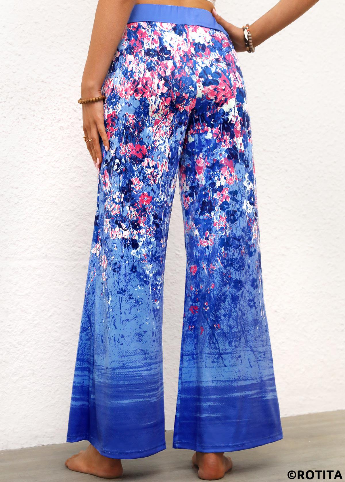 Blue bottoms,Ditsy Floral bottoms,Ditsy Floral Print Blue Elastic Waist Pants