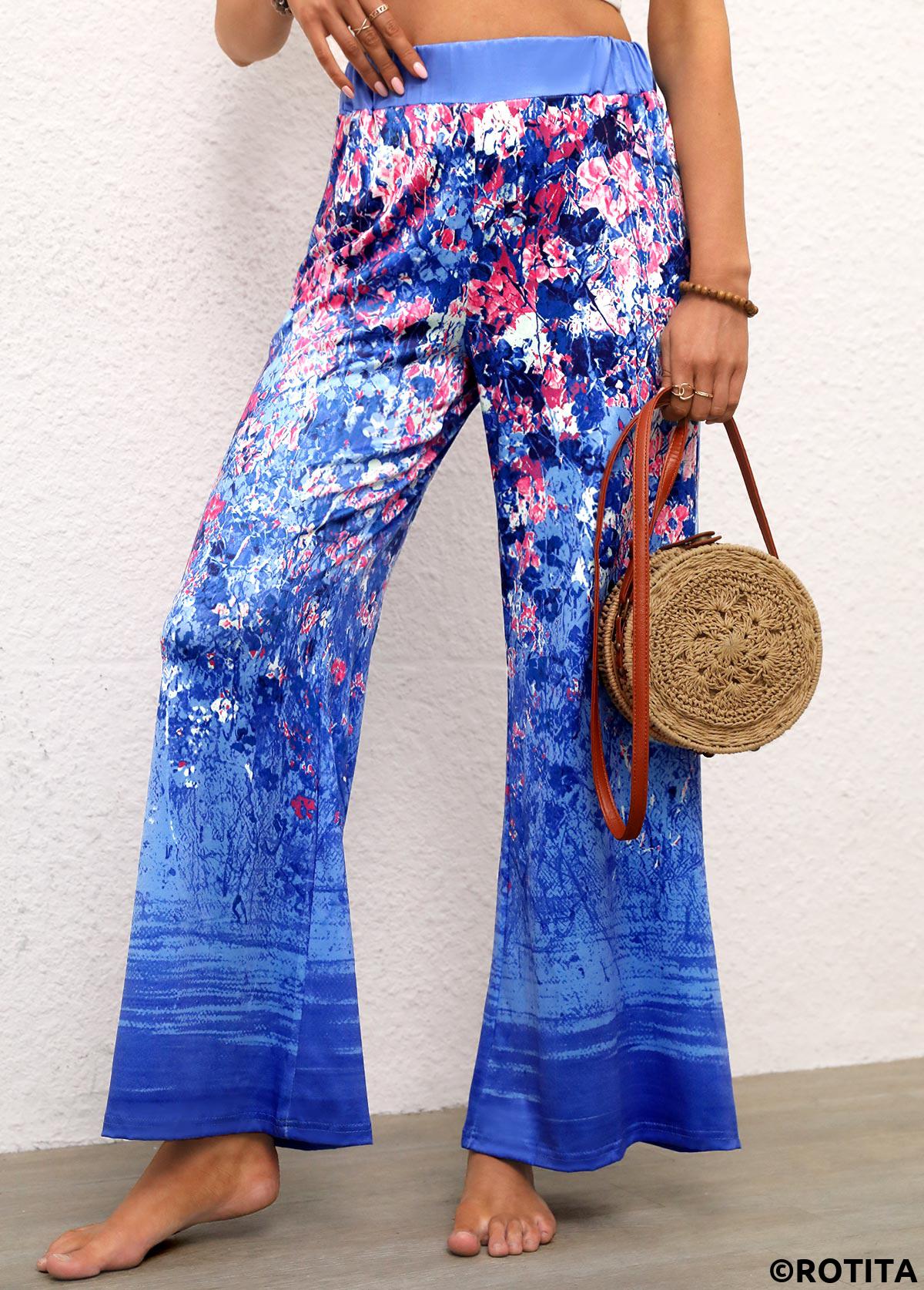 Blue bottoms,Ditsy Floral bottoms,Ditsy Floral Print Blue Elastic Waist Pants