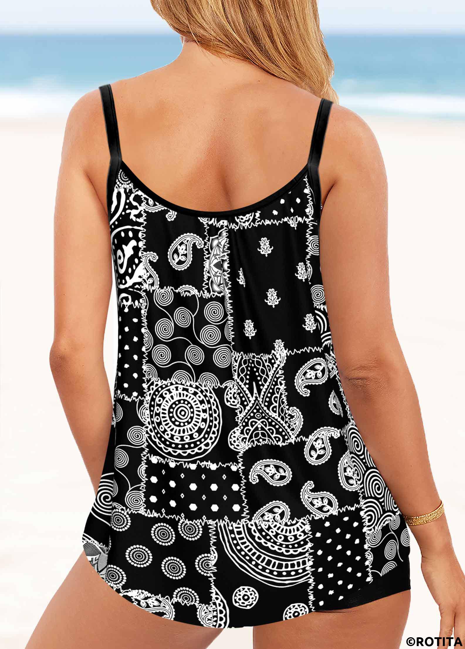 Black swimwear,Tribal swimwear,Paisley swimwear,Dot swimwear,Geometric swimwear,ROTITA Black Bowknot Tribal Print Tankini Top