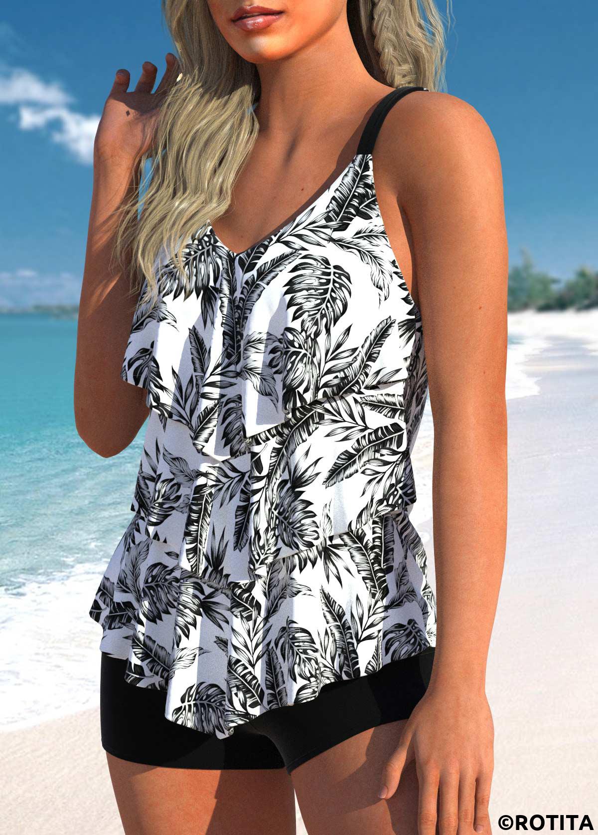 White swimwear,Plants swimwear,ROTITA Layered White Leaf Print Tankini Top