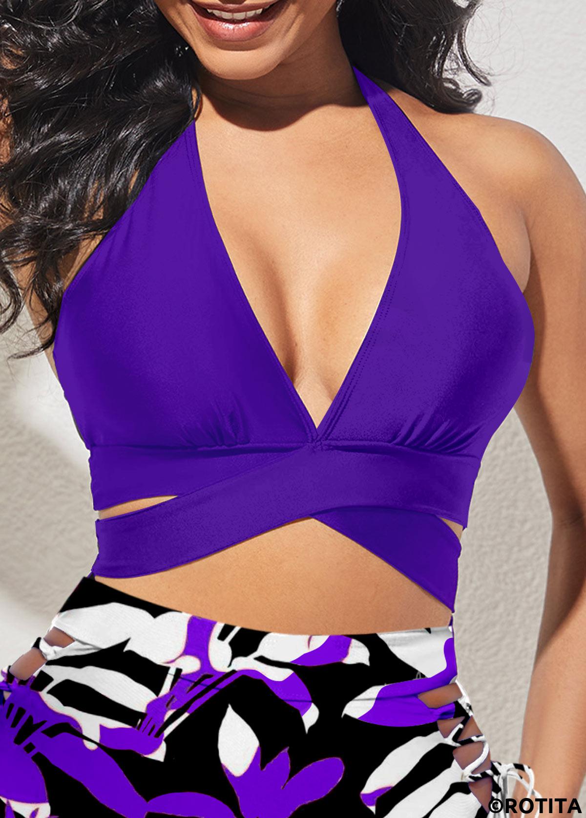 Purple swimwear,Plain Color swimwear,ROTITA Tie Criss Cross Purple Bikini Top