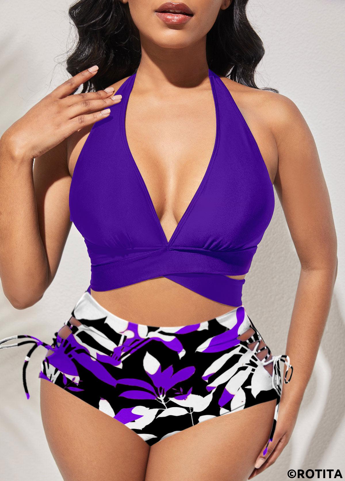 Purple swimwear,Plain Color swimwear,ROTITA Tie Criss Cross Purple Bikini Top