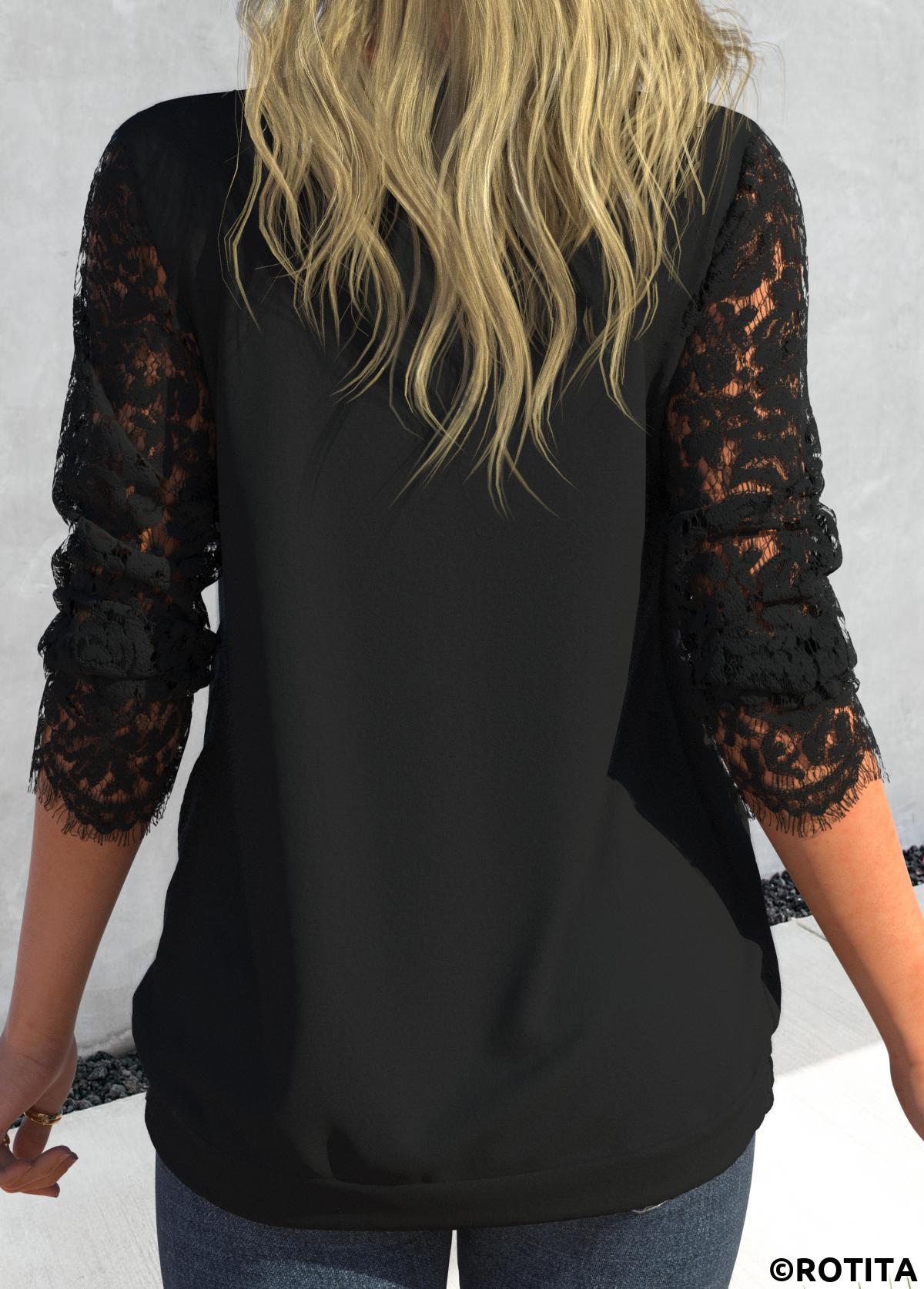 ROTITA Lace Black Square Neck Long Sleeve T Shirt