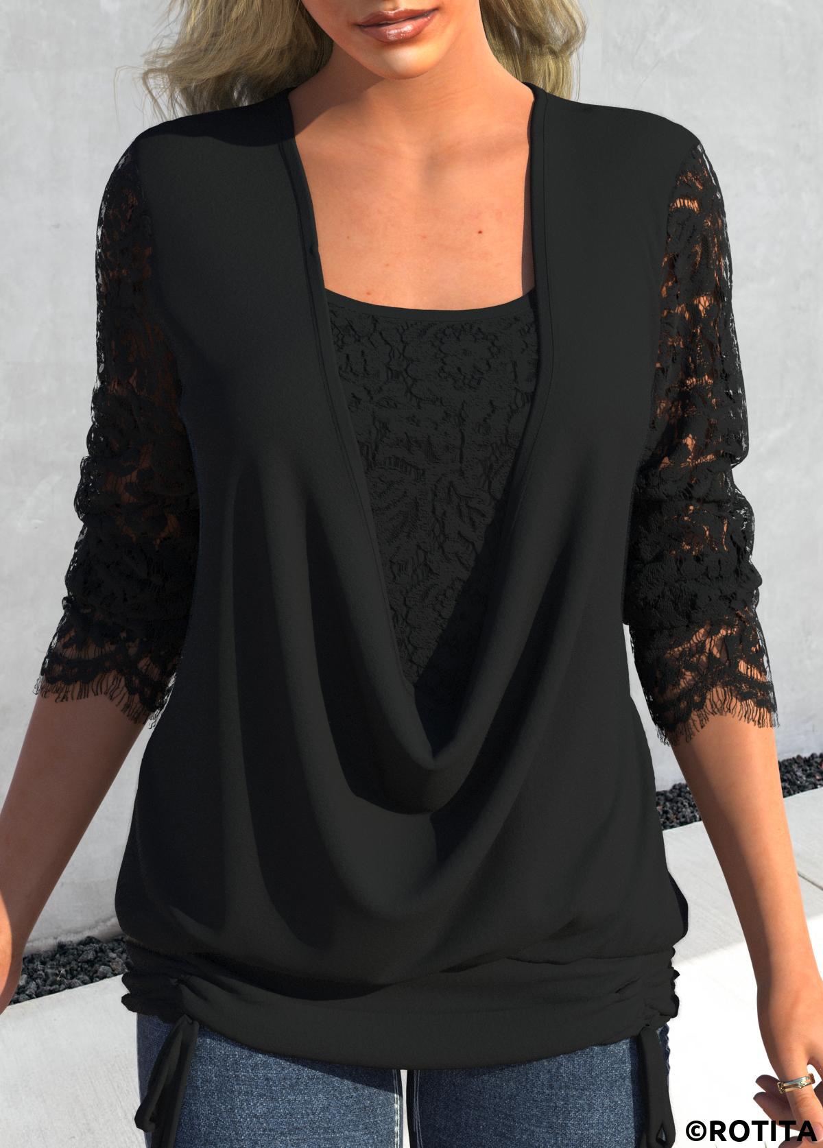 ROTITA Lace Black Square Neck Long Sleeve T Shirt