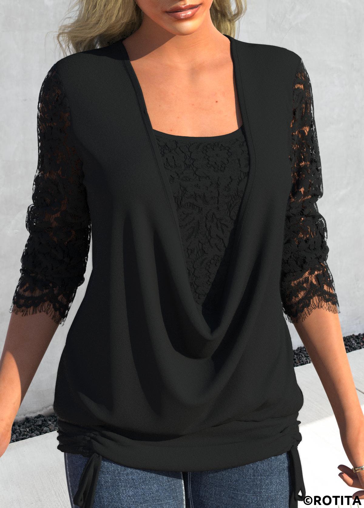 ROTITA Lace Black Square Neck Long Sleeve T Shirt