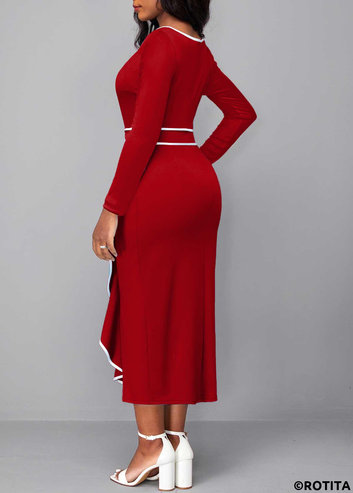 Red dresses,Plain Color dresses,Party dresses,Elegant dresses,ROTITA Contrast Binding Red Round Neck Bodycon Dress