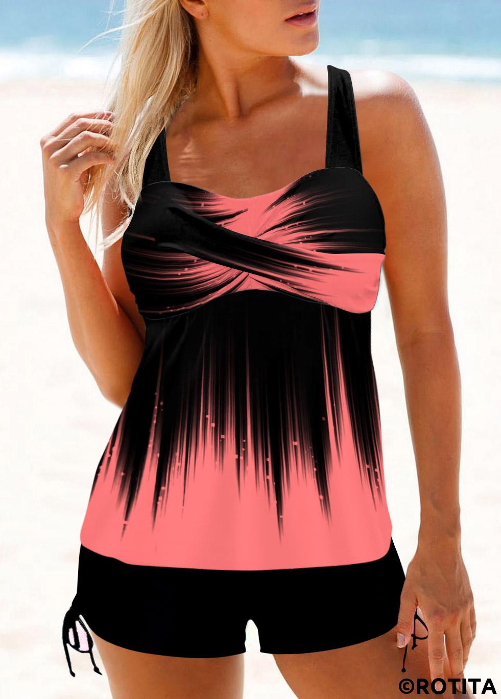 Coral swimwear,Ombre swimwear,ROTITA Wide Strap Surplice Pink Ombre Tankini Top