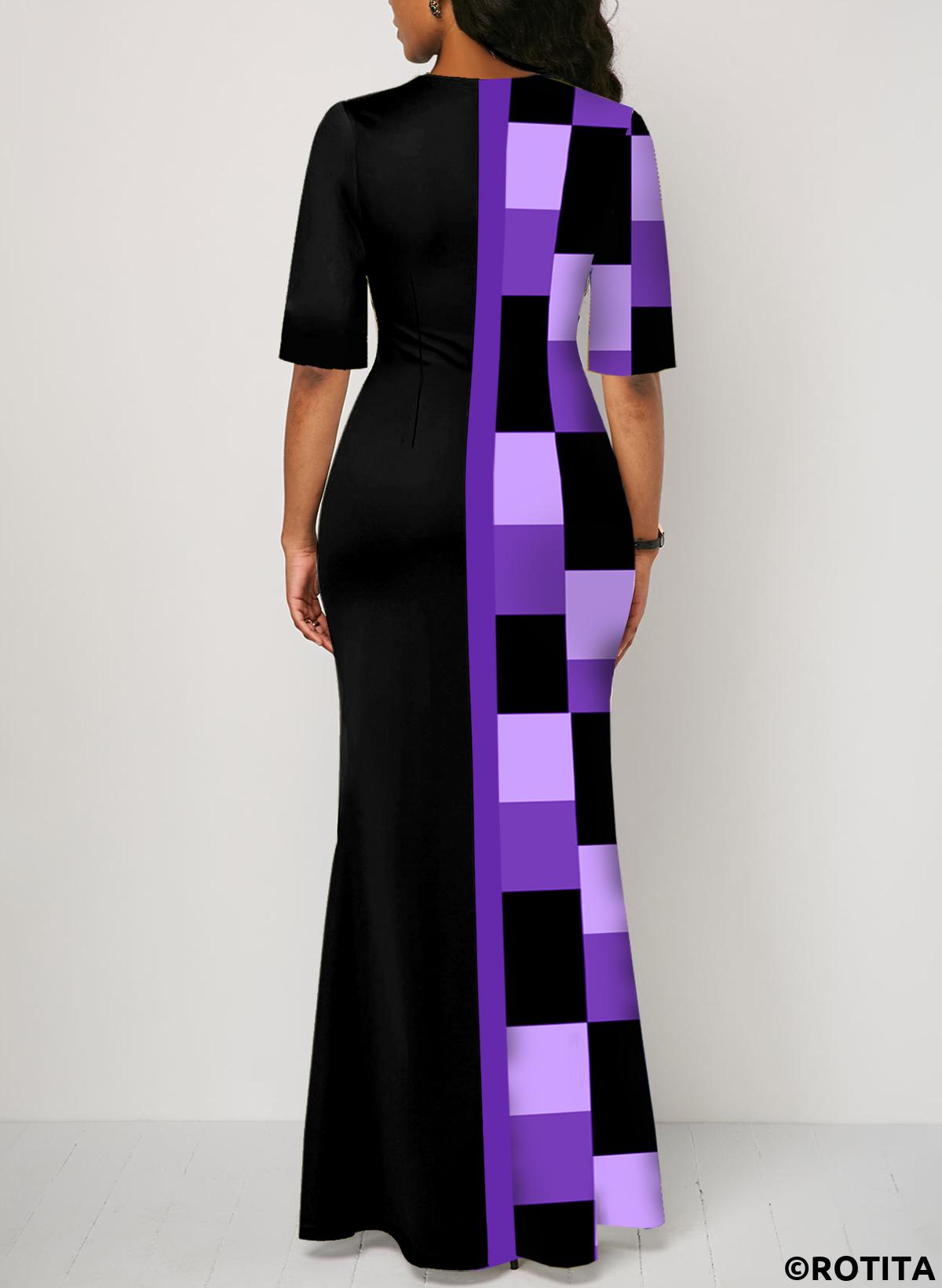 Purple dresses,Black dresses,Geometric dresses,Party dresses,Elegant dresses,ROTITA Split Geometric Print Purple Maxi Dress
