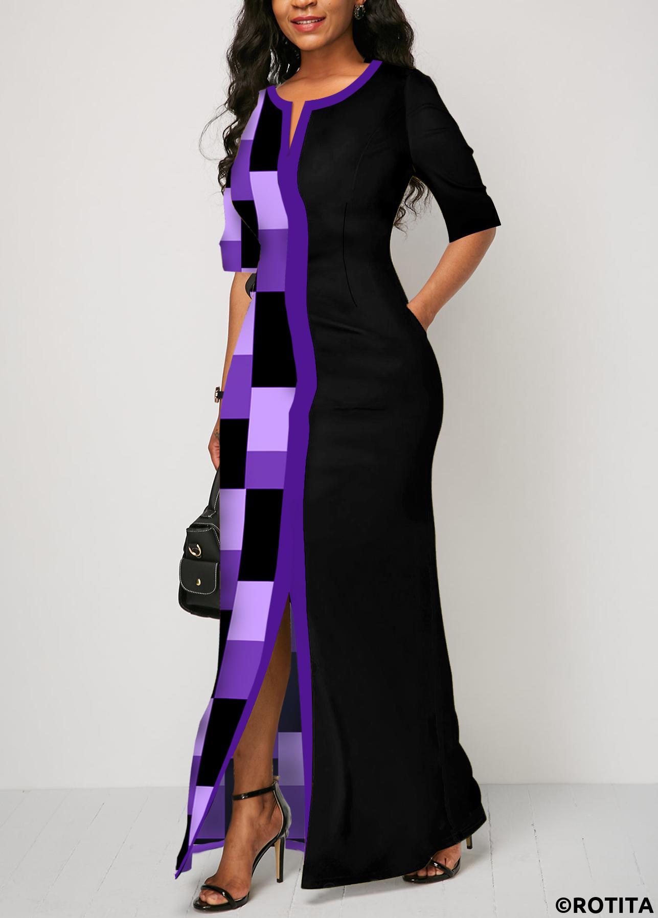Purple dresses,Black dresses,Geometric dresses,Party dresses,Elegant dresses,ROTITA Split Geometric Print Purple Maxi Dress