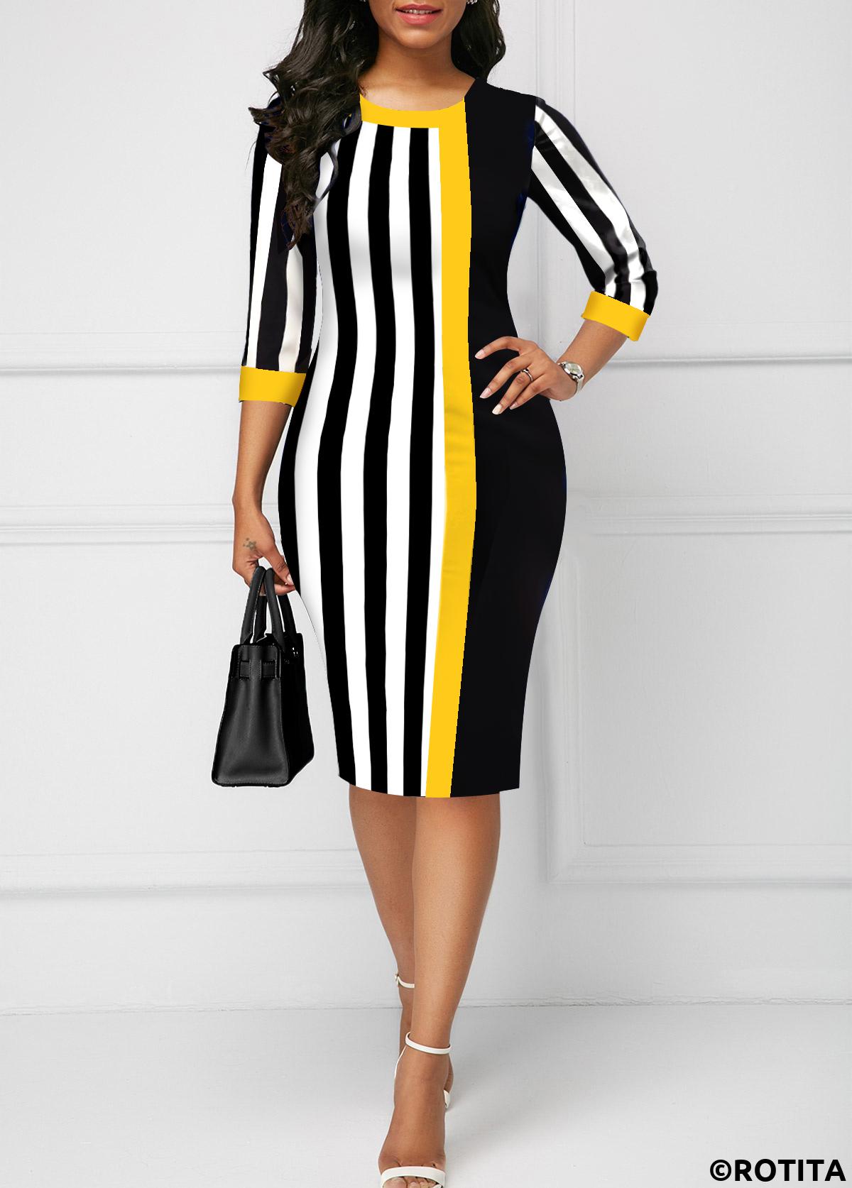 Black dresses,Striped dresses,Geometric dresses,Party dresses,Elegant dresses,ROTITA Striped Black Round Neck Bodycon Dress