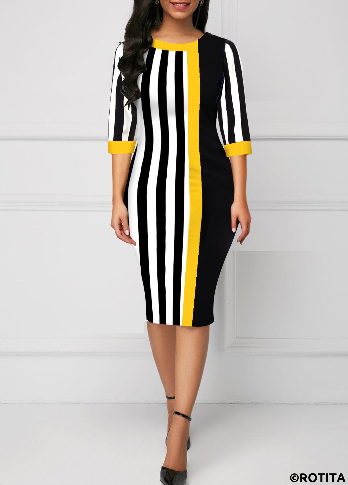 Black dresses,Striped dresses,Geometric dresses,Party dresses,Elegant dresses,ROTITA Striped Black Round Neck Bodycon Dress
