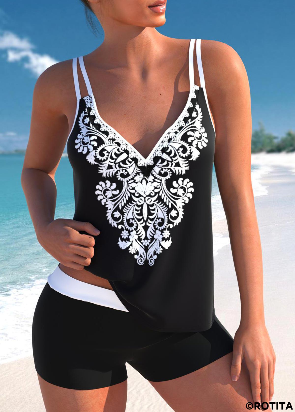 Black swimwear,Tribal swimwear,Floral swimwear,ROTITA Black Double Straps Tribal Print Tankini Top