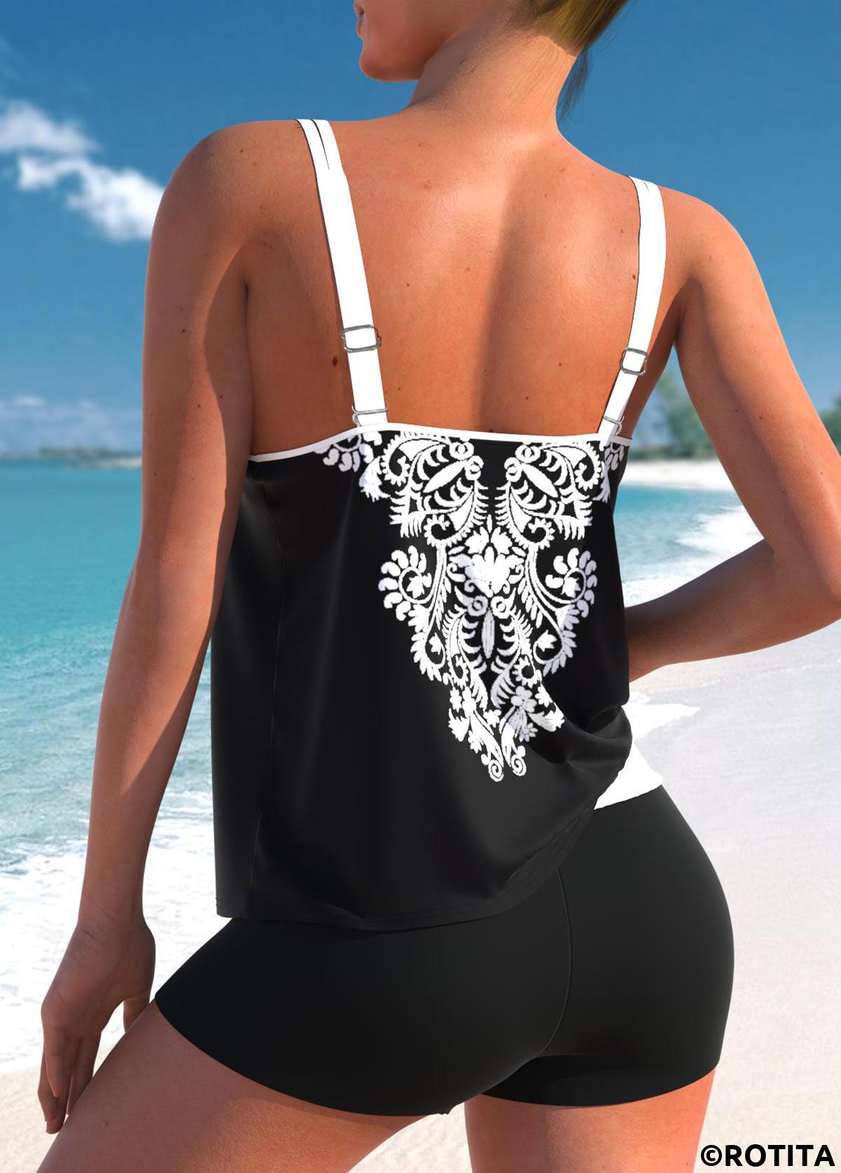 Black swimwear,Tribal swimwear,Floral swimwear,ROTITA Black Double Straps Tribal Print Tankini Top