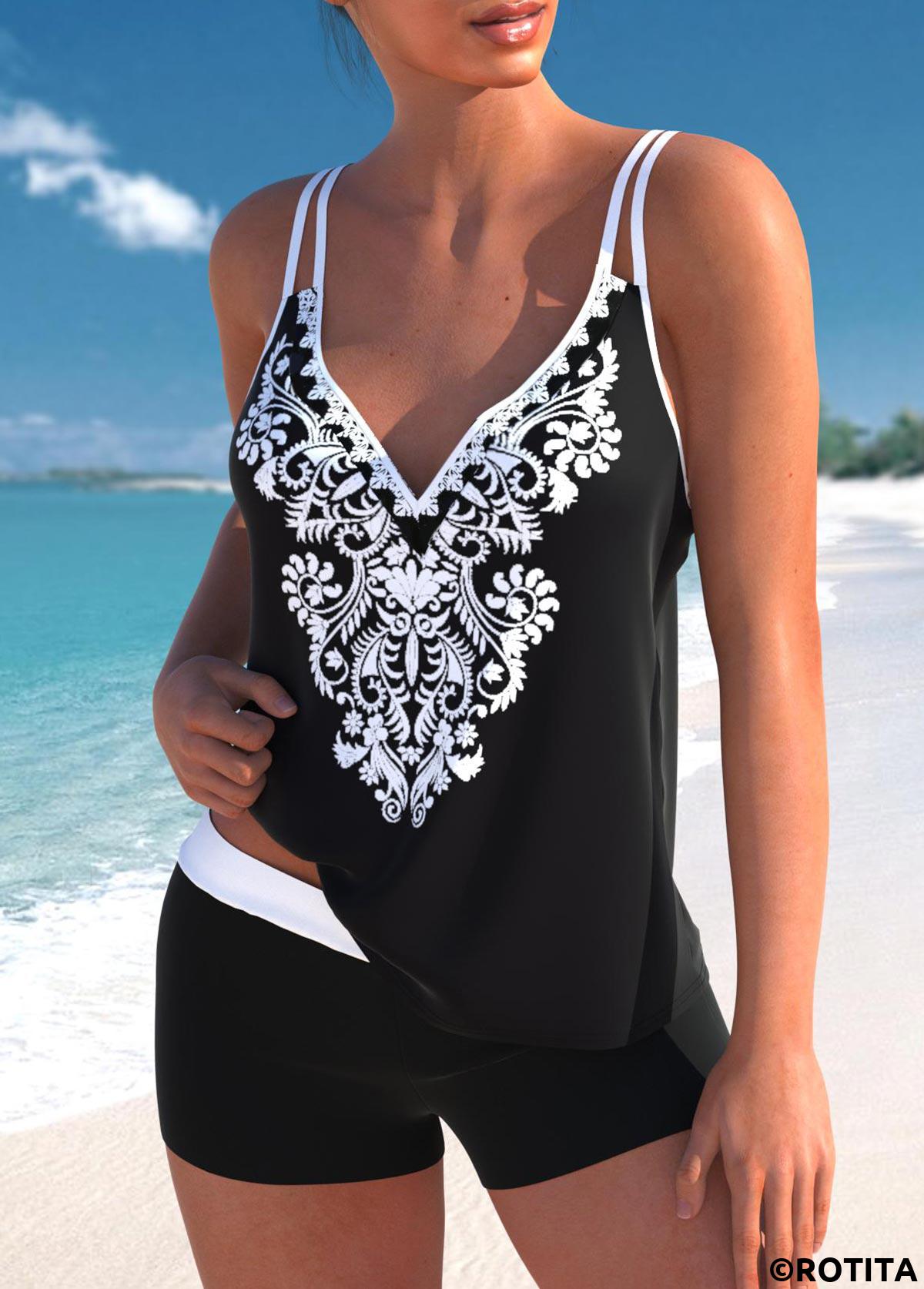 Black swimwear,Tribal swimwear,Floral swimwear,ROTITA Black Double Straps Tribal Print Tankini Top