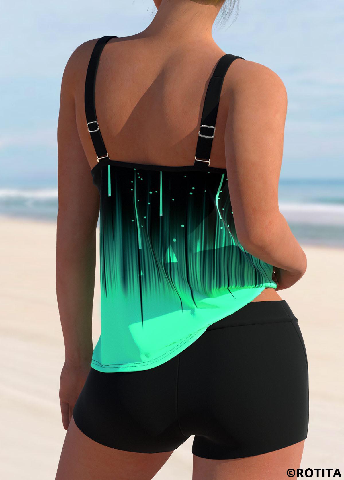 Green swimwear,Ombre swimwear,Dot swimwear,Geometric swimwear,ROTITA Green Double Straps Ombre Tankini Top