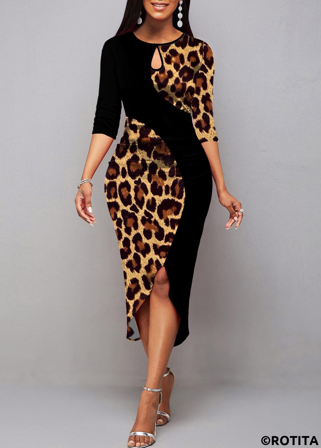 Multi Color dresses,Leopard dresses,Party dresses,Elegant dresses,ROTITA Patchwork Leopard Multi Color Round Neck Bodycon Dress